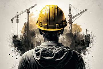 construction of a skyscraper, view of a worker in a orange helmet from behind, ai generative