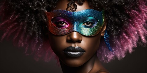 Junge hübsche Afroamerikanische Frau Gesicht Visagistik mit bunten farben Nahaufnahme, ai generativ