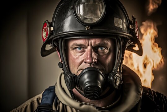 Close up portrait of a serious fireman wears an oxygen mask on his face and protective helmet. Nice cinematic atmosphere lighting , person created by AI generative.