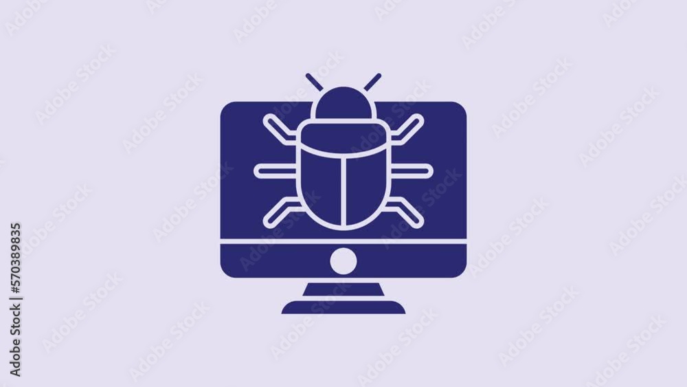 Poster blue system bug on monitor icon isolated on purple background. code bug concept. bug in the system. 