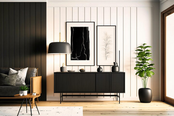 Interior of modern living room with black sideboard over white wall with wooden paneling. Contemporary room with dresser. Home design with poster. 3d rendering - created with AI