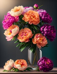 Fototapeta premium Romantic festive bouquet of flowers, peonies, roses, chrysanthemums, congratulations, postcard, wedding flowers
