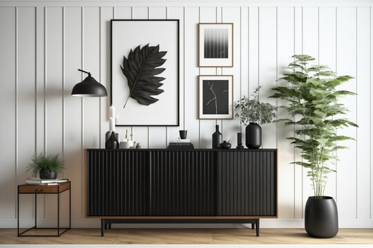 Interior of modern living room with black sideboard over white wall with wooden paneling. Contemporary room with dresser. Home design with poster. 3d rendering - created with AI