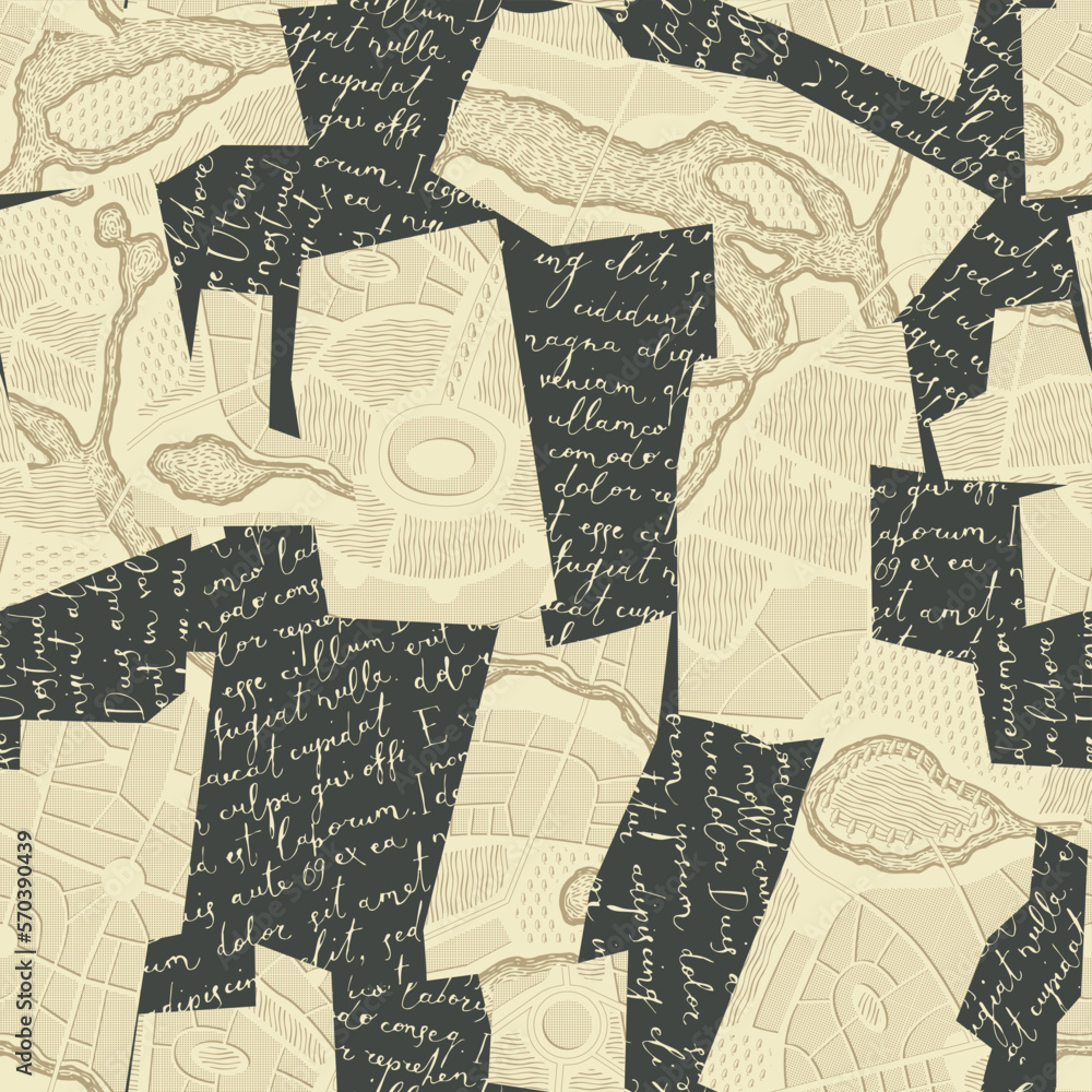 Poster texture seamless pattern with collage of letters with handwritten text and pieces of geographical ma