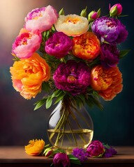 Romantic festive bouquet of flowers, peonies, roses, chrysanthemums, congratulations, postcard, wedding flowers