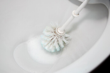 A housewife cleans the toilet using a toilet brush