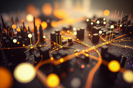 Connections And Networks Concept. Circuit Board Cities At Night With Orange Lights. Digital Painting. Generative Ai Technology