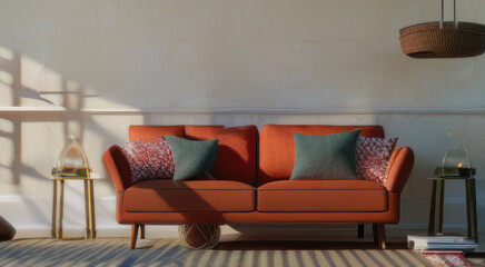 Interior design of vintage living room, ball under red sofa. 
