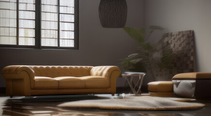 Interior design of modern living room, yellow sofa moquette carpet. 