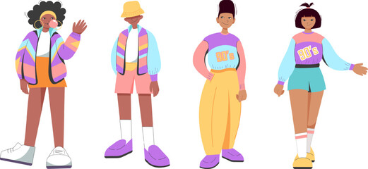 Flat retro design. Set of black people in 90's sports style. Black man, woman, guy, girl in 90's clothing