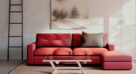 Interior design of modern living room, red sofa and glass table. 