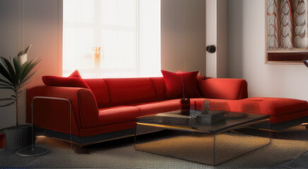 Interior design of modern living room, red sofa and glass table. 