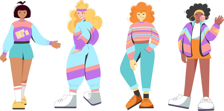 Flat retro design. Set of women in 90's sports style. Black woman, girl, blonde, redhead in 90's clothing
