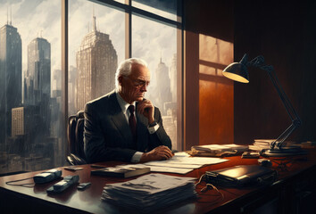 Fototapeta premium A senior businessman working in his office. Illustration Created with Generative AI, no one recognisable. Not a real person.