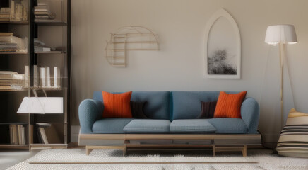 Interior design of modern living room, blue sofa near library.
