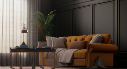 Interior design of vintage living room, orange sofa and black wall. 