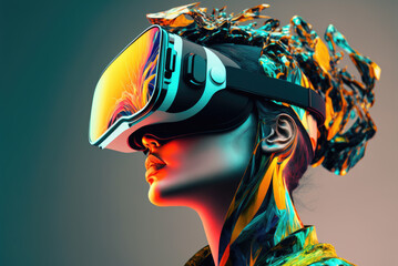 A colourful portrait of a young woman in a virtual reality glasses. Created with Generative AI, no one recognisable. Not a real person.
