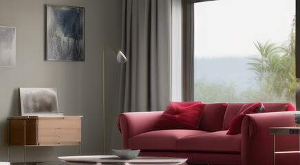 Interior design of modern living room, red sofa near window.