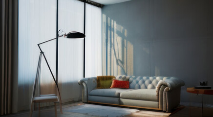 Interior design of vintage living room, white sofa curtained window. 