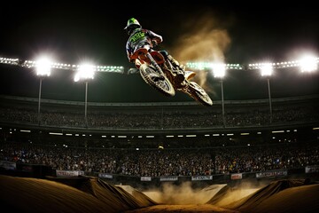 Supercross Rider in Action Jumping at Stadium - obrazy, fototapety, plakaty