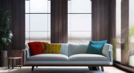 Interior design of modern living room, white sofa, plants, wooden walls. 