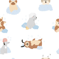 Seamless patterns with funny washing dogs of different breeds