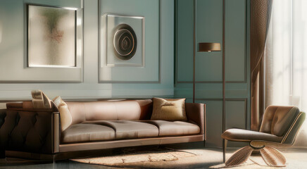 Interior design of modern luxury living room, golden sofa and armchair. 