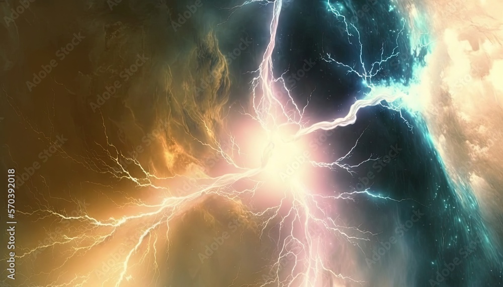 Poster a computer generated image of a lightning storm in the night sky with clouds and stars in the foregr