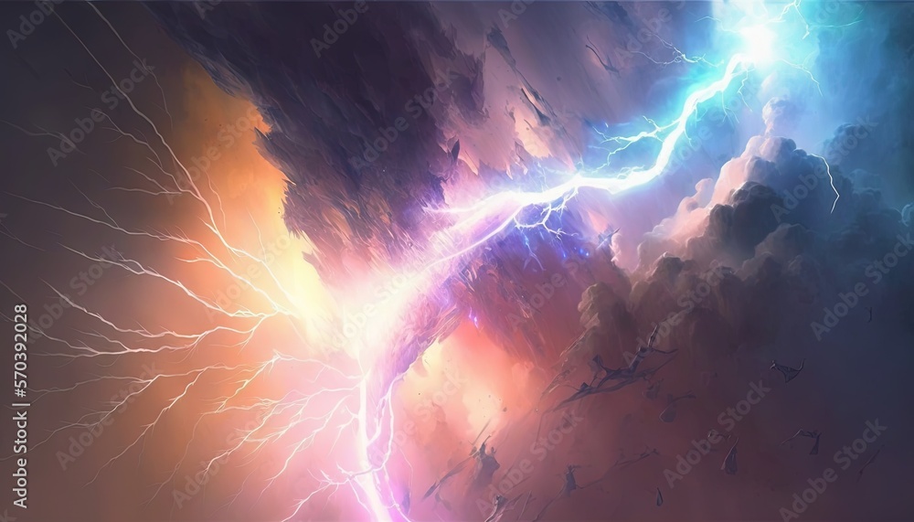 Poster a painting of a lightning storm in the sky with clouds and a rainbow colored lightning bolt in the c