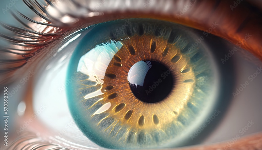 Poster a close up of an eye with a yellow iris and a brown iris with a white spot in the center of the iris