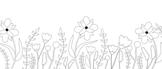 Flower background. Cute horizontal banner with hand drawn blooming flowers. Floral seamless patterns border. Vector illustration on white background. Spring mood.