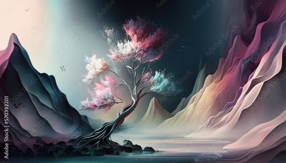 Poster a painting of a tree in the middle of a mountain range with a lake below it and a bird flying over t