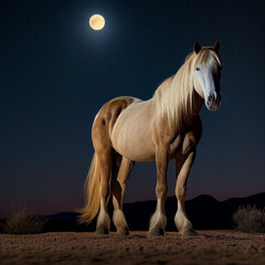 Obraz na płótnie Canvas horse in the desert - under the moon - AI Generated