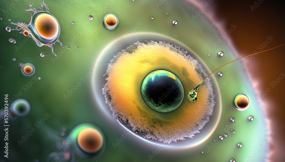 Poster a computer generated image of a green and yellow object with bubbles and bubbles around it and a bla