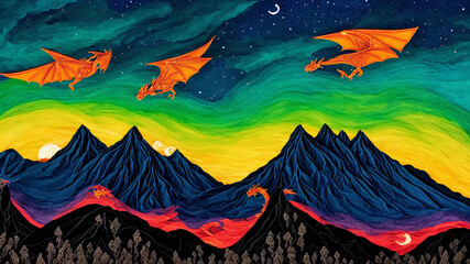 Hermoso Paisaje Nocturno con Dragones, IA Generativa