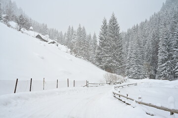 Heavy snow over mountains in winter time