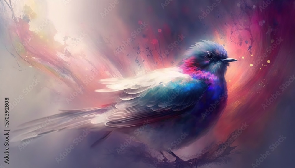 Poster a colorful bird sitting on top of a branch of a tree in front of a colorful sky and clouds backgroun