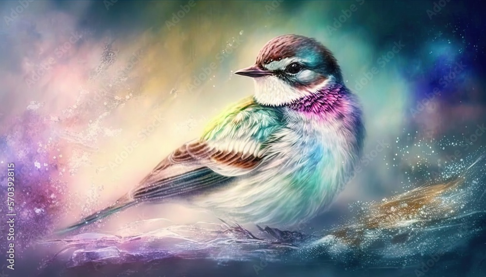 Poster a colorful bird sitting on top of a tree branch in the night sky with stars and clouds in the sky be
