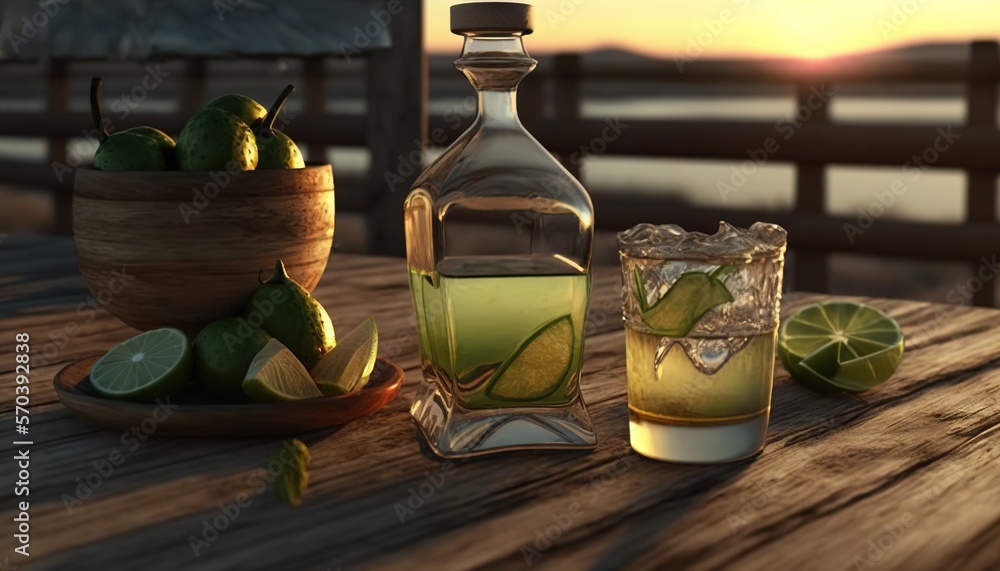 Poster a table with a pitcher of lemonade and a glass of lemonade and a bowl of limes and a bowl of limes. 