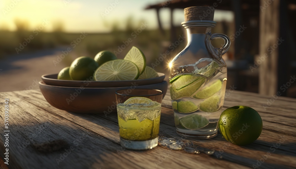 Poster a bottle of water with limes and a bowl of limes next to it on a table with a bowl of limes and a bo