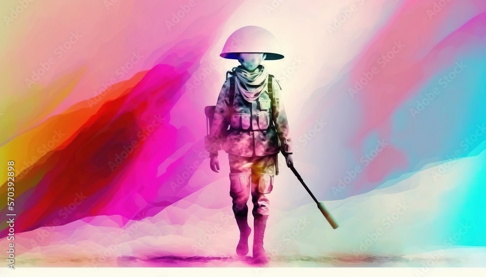 Poster a man with a hat and a backpack walking with a stick in his hand in front of a multicolored backgrou