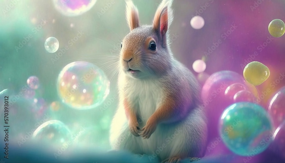 Poster a squirrel is sitting on a pile of soap bubbles and looking up at the camera with a surprised look o