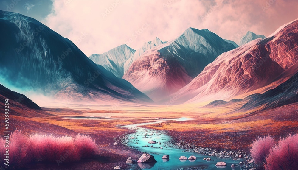 Poster a painting of a mountain landscape with a river running through it and a sky filled with clouds and 