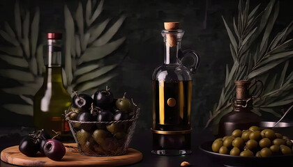  olives, olives, and other olives are on a table next to bottles of olive oil and a bowl of olives.  generative ai