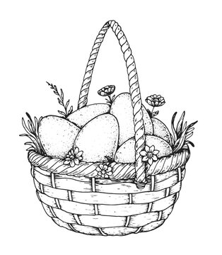 recommend clip art: Basket with eggs illustration. Hand drawn vector illustration. Basket with eggs sketch. Design element.