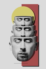 Mixed media collage in surrealism style with head of a young bearded man. Portrait in surrealism style of a young bearded man	