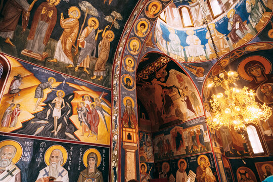 Pictures of the lives of the saints on the walls of the Ostrog monastery. Montenegro