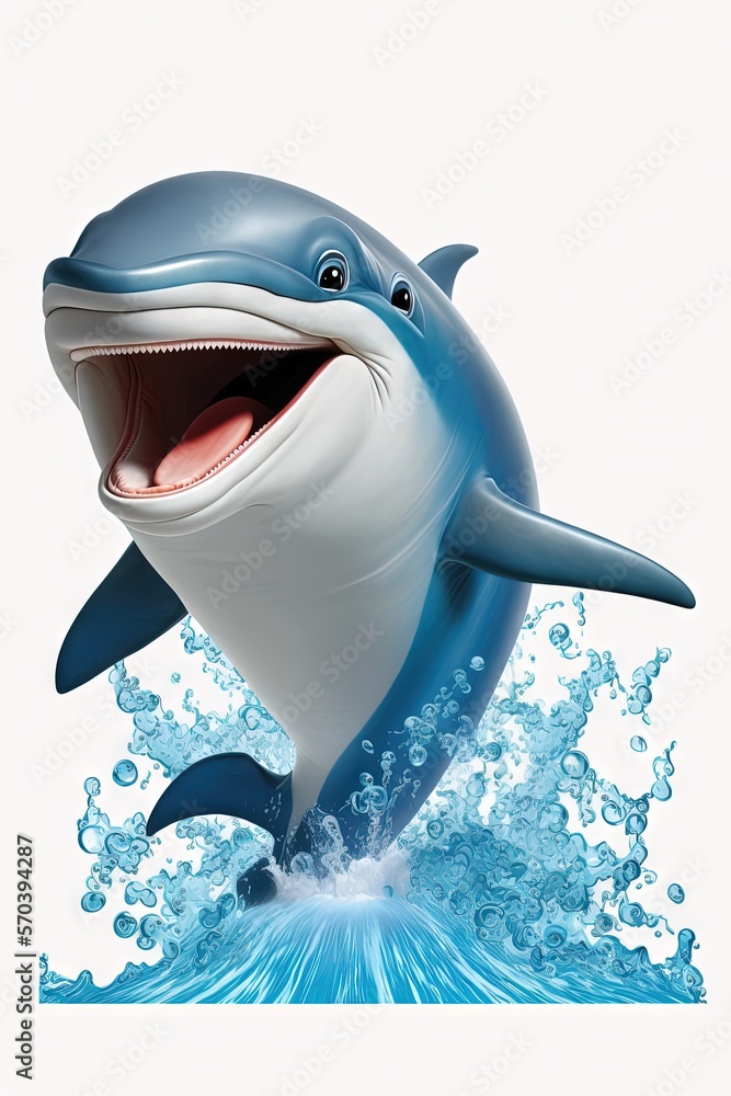 Poster a dolphin with its mouth open and water splashing around it's sides, with its mouth wide open and it