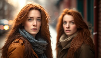 Young attractive ginger haired twin sisters looking at the camera wearing winter coats. Generative AI - obrazy, fototapety, plakaty