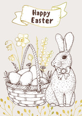 Easter vector illustration. Hand drawn sketches. Design elements. Hand drawn easter bunny, easter eggs, spring flowers, basket with eggs. Vintage engraved style.
